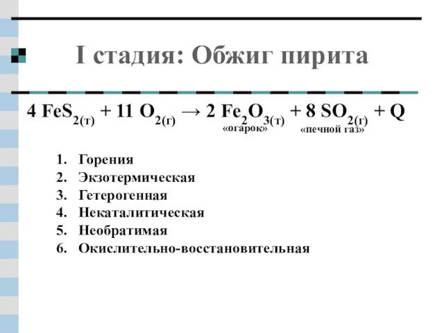 I стадия: Обжиг пирита 4 FeS2(т) + 11 O2(г) → 2 Fe2O3(т)