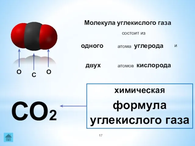 C О Молекула углекислого газа состоит из О одного атома углерода и