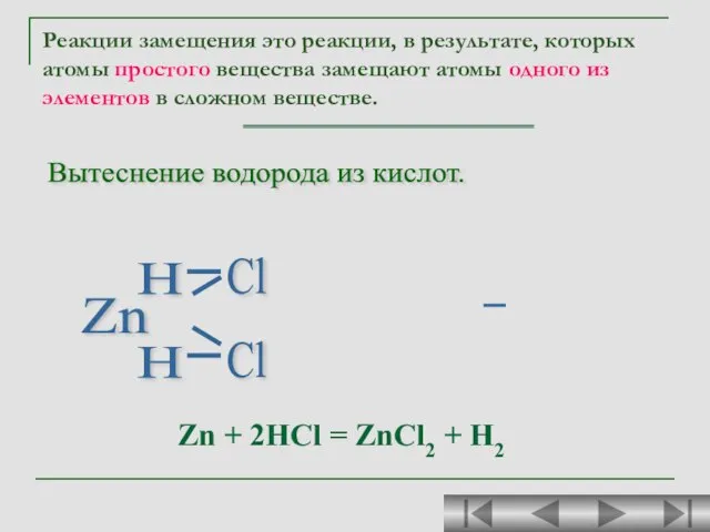 H H Cl Cl Вытеснение водорода из кислот. Zn Zn + 2HCl