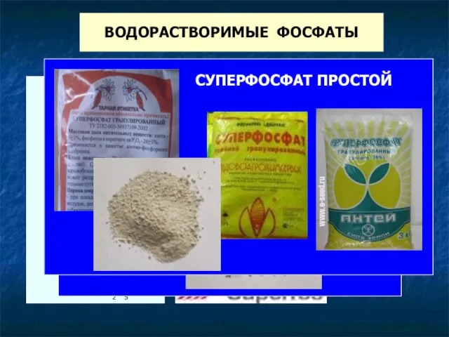 СУПЕРФОСФАТ ПРОСТОЙ Са(H2РO4)2 Р2О5 – 16-20% (5-5,5% Н3РО4,40% гипса) СУПЕРФОСФАТ ДВОЙНОЙ Са(H2РO4)2