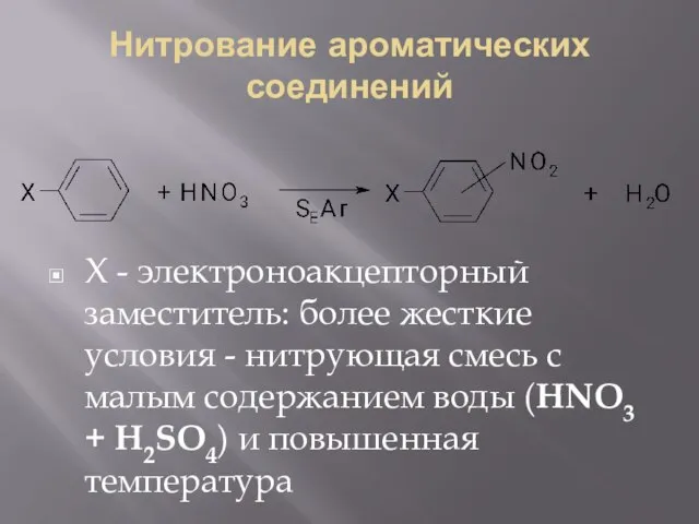 Нитрование ароматических соединений Х - электроноакцепторный заместитель: более жесткие условия - нитрующая
