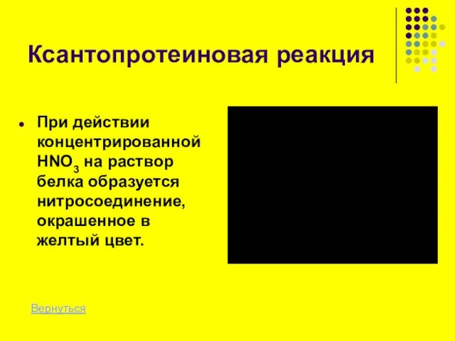 Ксантопротеиновая реакция При действии концентрированной НNО3 на раствор белка образуется нитросоединение, окрашенное в желтый цвет. Вернуться