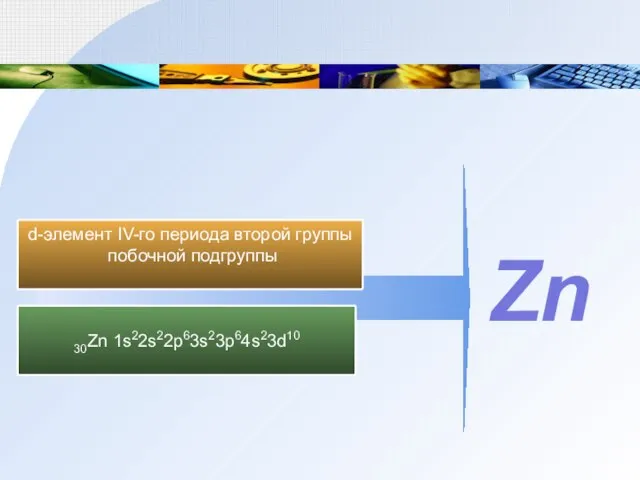 30Zn 1s22s22p63s23p64s23d10 d-элемент IV-го периода второй группы побочной подгруппы Zn