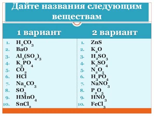 1 вариант 2 вариант H2CO3 BaO Al2(SO4)3 K3PO4 CO2 HCl Na2CO3 SO3