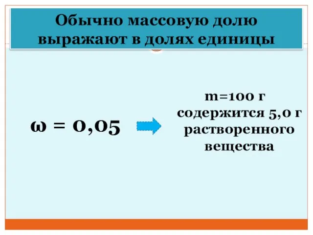 Обычно массовую долю выражают в долях единицы ω = 0,05 m=100 г