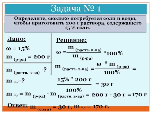 Задача № 1 Определите, сколько потребуется соли и воды, чтобы приготовить 200