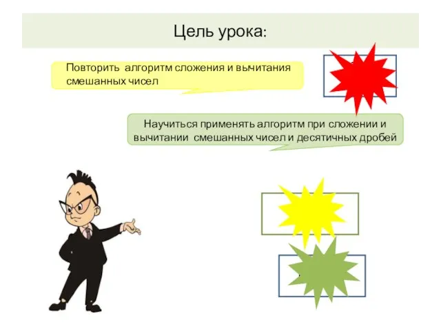 Цель урока: Повторить алгоритм сложения и вычитания смешанных чисел Научиться применять алгоритм