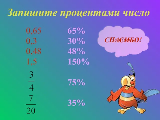 Запишите процентами число 0,65 0,3 0,48 1,5 65% 30% 48% 150% 75% 35% Не помню! СПАСИБО!