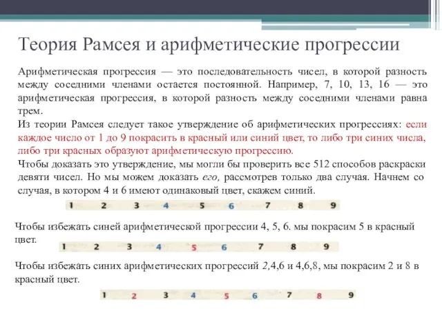 Теория Рамсея и арифметические прогрессии Арифметическая прогрессия — это последовательность чисел, в