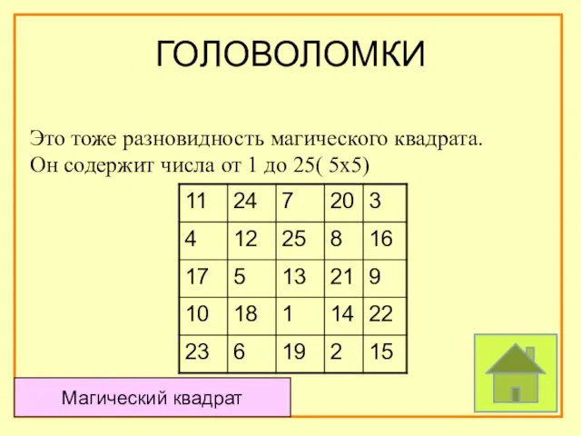 ГОЛОВОЛОМКИ Это тоже разновидность магического квадрата. Он содержит числа от 1 до