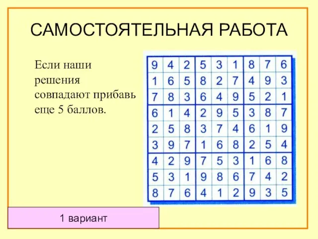 САМОСТОЯТЕЛЬНАЯ РАБОТА 1 вариант Если наши решения совпадают прибавь еще 5 баллов.