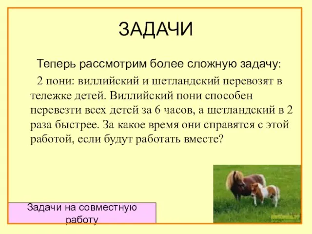 ЗАДАЧИ Теперь рассмотрим более сложную задачу: 2 пони: виллийский и шетландский перевозят