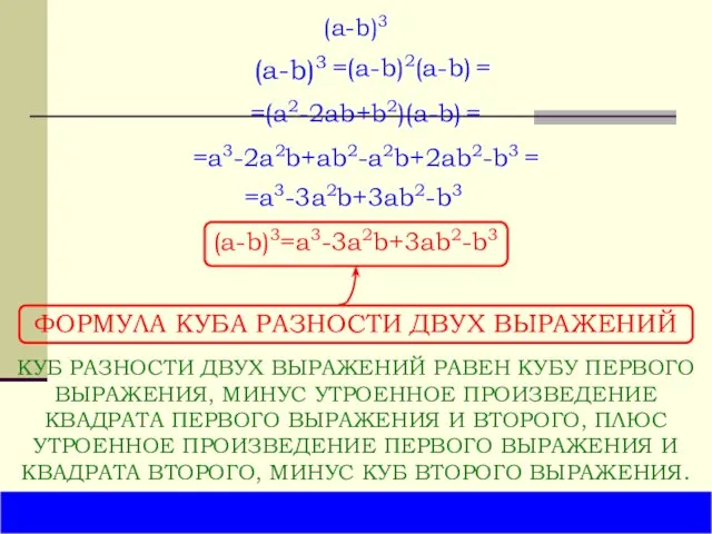 (a-b)3 (a-b)3 =(a2-2ab+b2)(a-b) = =a3-2a2b+ab2-a2b+2ab2-b3 (a-b)3=a3-3a2b+3ab2-b3 ФОРМУЛА КУБА РАЗНОСТИ ДВУХ ВЫРАЖЕНИЙ КУБ