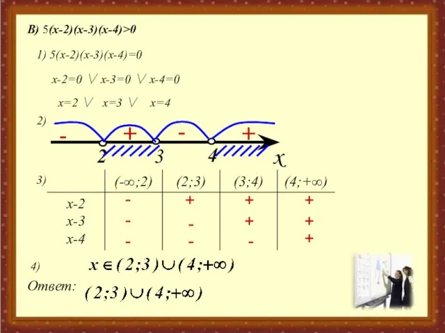 В) 5(х-2)(х-3)(х-4)>0 1) 5(х-2)(х-3)(х-4)=0 x-2=0 ∨ x-3=0 ∨ x-4=0 x=2 ∨ x=3