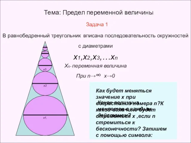 Тема: Предел переменной величины Задача 1 В равнобедренный треугольник вписана последовательность окружностей