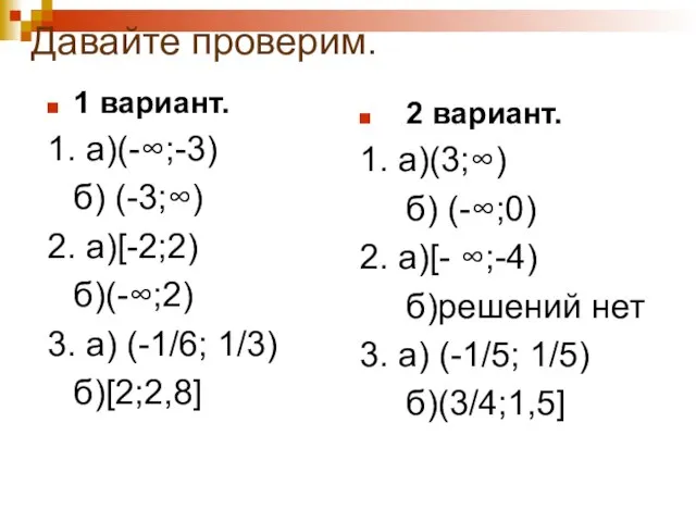 Давайте проверим. 1 вариант. 1. а)(-∞;-3) б) (-3;∞) 2. а)[-2;2) б)(-∞;2) 3.