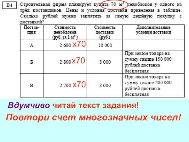 Повтори счет многозначных чисел! х70 х70 х70 Вдумчиво читай текст задания!