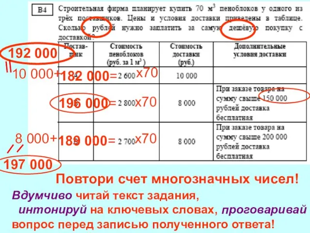 Повтори счет многозначных чисел! Вдумчиво читай текст задания, интонируй на ключевых словах,