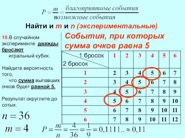 Найти и m и n (экспериментальные) 10.В случайном эксперименте дважды бросают игральный