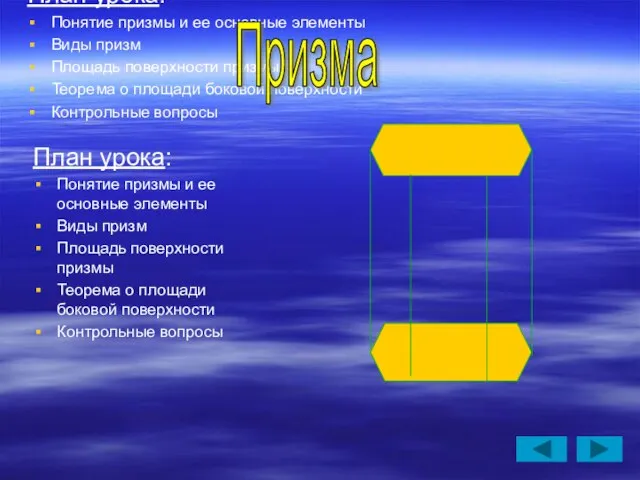 План урока: Понятие призмы и ее основные элементы Виды призм Площадь поверхности