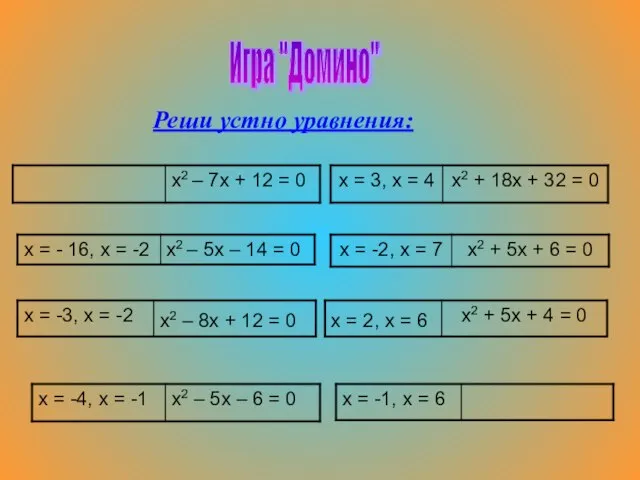 Игра "Домино" Реши устно уравнения: