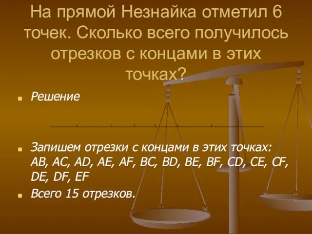 На прямой Незнайка отметил 6 точек. Сколько всего получилось отрезков с концами