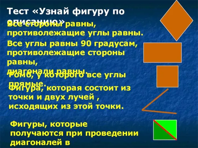 Тест «Узнай фигуру по описанию» Все стороны равны, противолежащие углы равны. Все