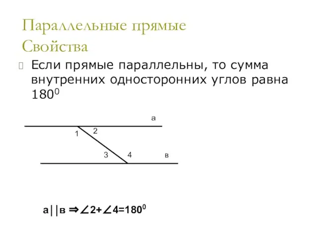 Параллельные прямые Признаки Если сумма внутренних односторонних углов равна 1800 ,то прямые