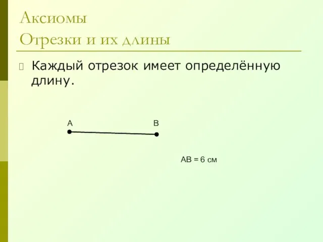 Аксиомы Отрезки и их длины Каждый отрезок имеет определённую длину. А В АВ = 6 см