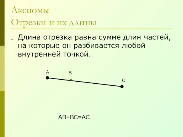 Аксиомы Отрезки и их длины Длина отрезка равна сумме длин частей, на