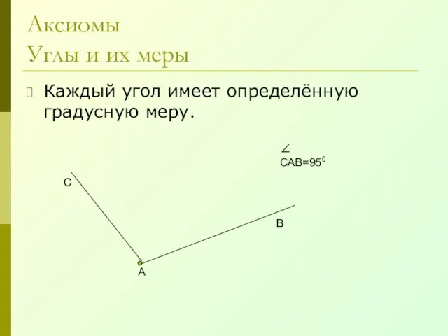 Аксиомы Углы и их меры Каждый угол имеет определённую градусную меру. А В С ∠ САВ=950