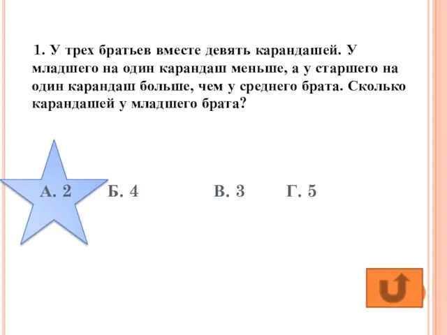 А. 2 Б. 4 В. 3 Г. 5 1. У трех братьев