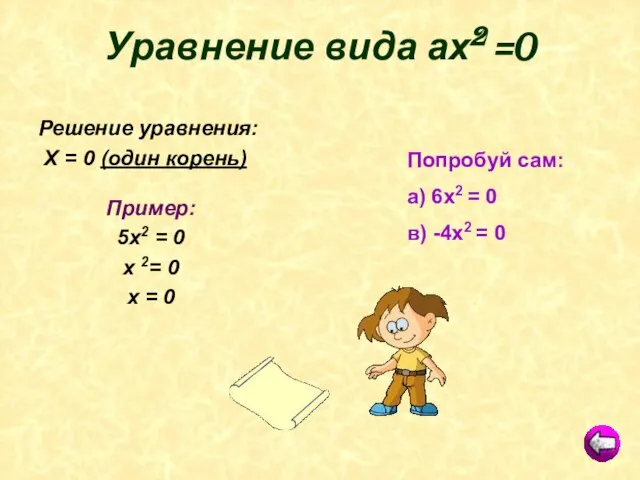 Уравнение вида ах2 =0 Решение уравнения: Х = 0 (один корень) Пример: