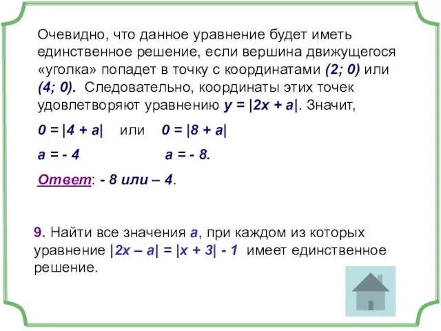 Очевидно, что данное уравнение будет иметь единственное решение, если вершина движущегося «уголка»