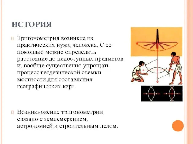 ИСТОРИЯ Тригонометрия возникла из практических нужд человека. С ее помощью можно определить