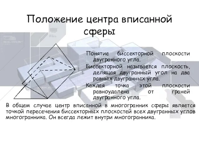 Положение центра вписанной сферы Понятие биссекторной плоскости двугранного угла. Биссекторной называется плоскость,