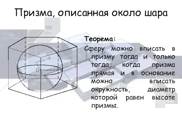 Призма, описанная около шара Теорема: Сферу можно вписать в призму тогда и