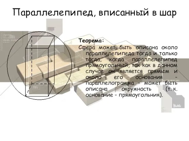 Параллелепипед, вписанный в шар Теорема: Сфера может быть описана около параллелепипеда тогда