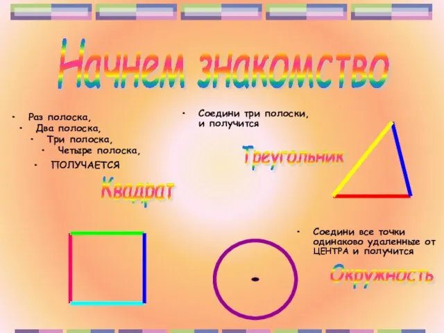 Начнем знакомство Квадрат Раз полоска, Два полоска, Три полоска, Четыре полоска, ПОЛУЧАЕТСЯ