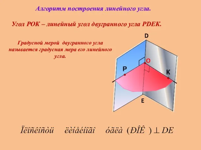 Угол РОК – линейный угол двугранного угла РDEК. D E Градусной мерой