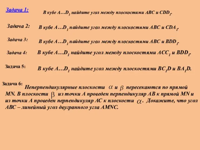 Задача 1: В кубе A…D1 найдите угол между плоскостями ABC и CDD1.