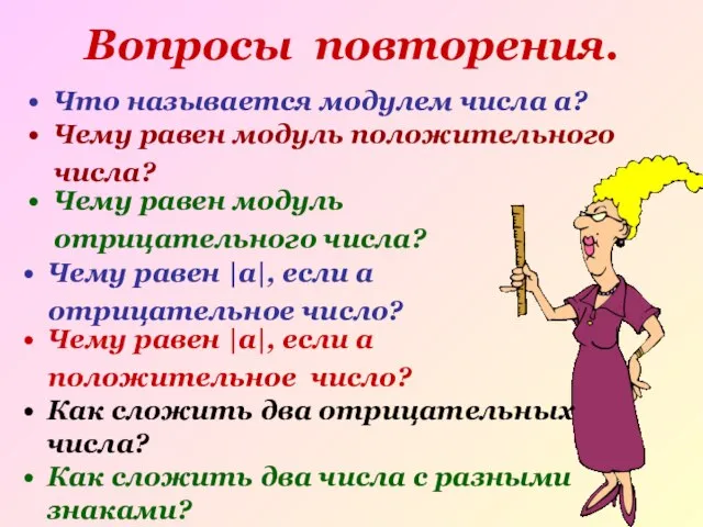 Что называется модулем числа а? Вопросы повторения. Чему равен модуль положительного числа?