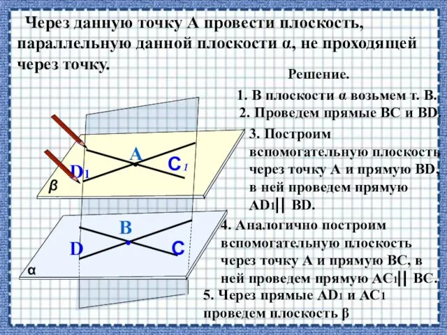 Через данную точку А провести плоскость, параллельную данной плоскости α, не проходящей