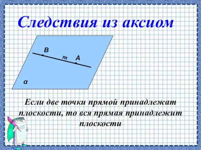 Если две точки прямой принадлежат плоскости, то вся прямая принадлежит плоскости 