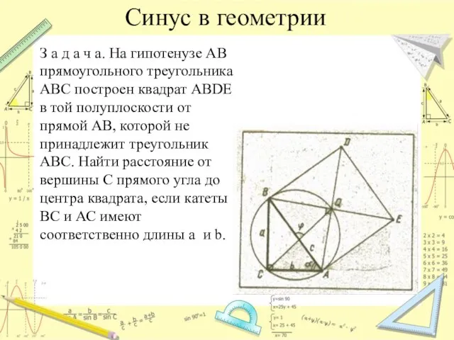 Синус в геометрии З а д а ч а. На гипотенузе АВ