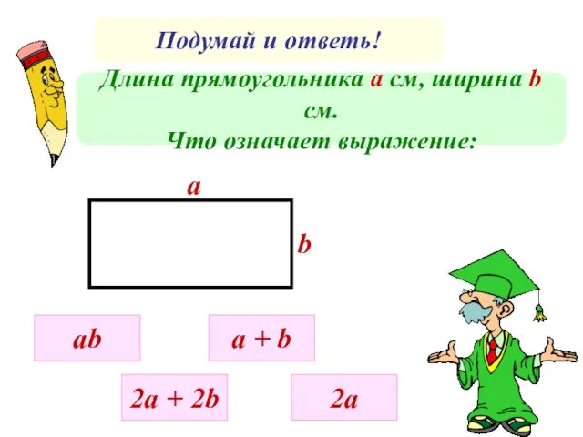 Подумай и ответь! Длина прямоугольника а см, ширина b cм. Что означает