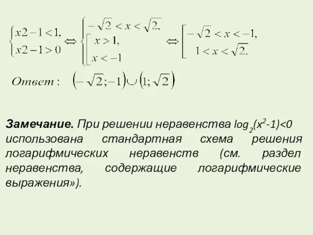 Замечание. При решении неравенства log2(x2-1) использована стандартная схема решения логарифмических неравенств (см.