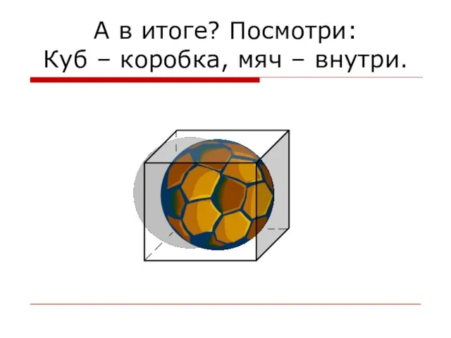 А в итоге? Посмотри: Куб – коробка, мяч – внутри.