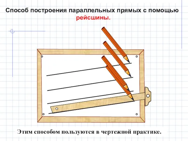 Этим способом пользуются в чертежной практике. Способ построения параллельных прямых с помощью рейсшины.