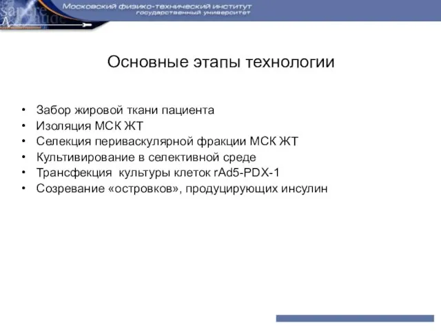 Основные этапы технологии Забор жировой ткани пациента Изоляция МСК ЖТ Селекция периваскулярной